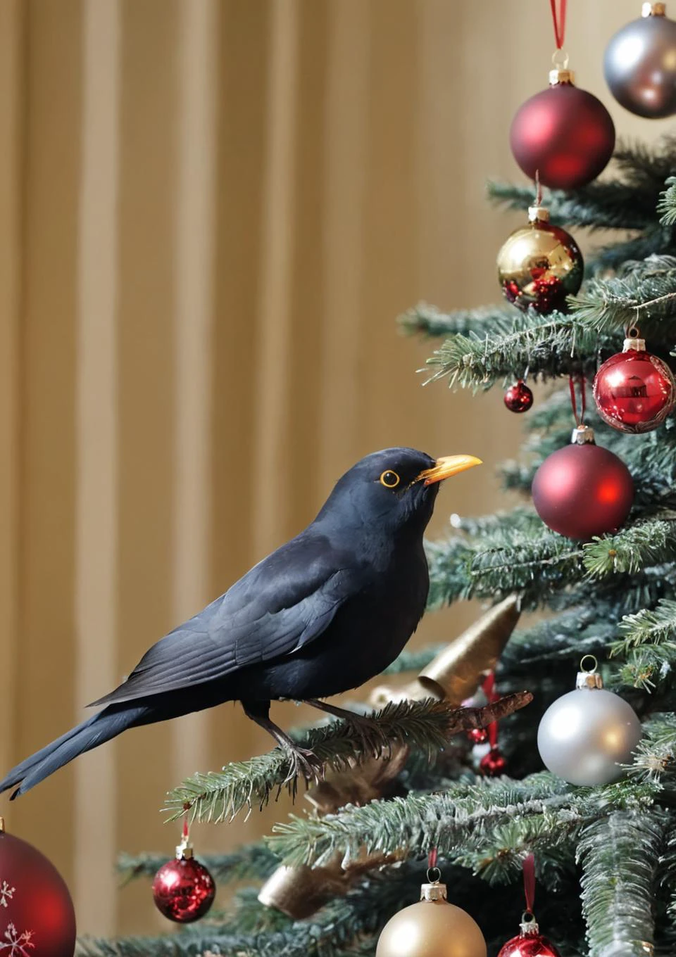 <lora:eurasian blackbird SDXL-000002:1>
eurasian blackbird,turdus merula,best quality, high quality, highres, masterpiece,bird, christmas tree, solo, christmas, christmas ornaments, christmas present, christma,indoors, bi'lu