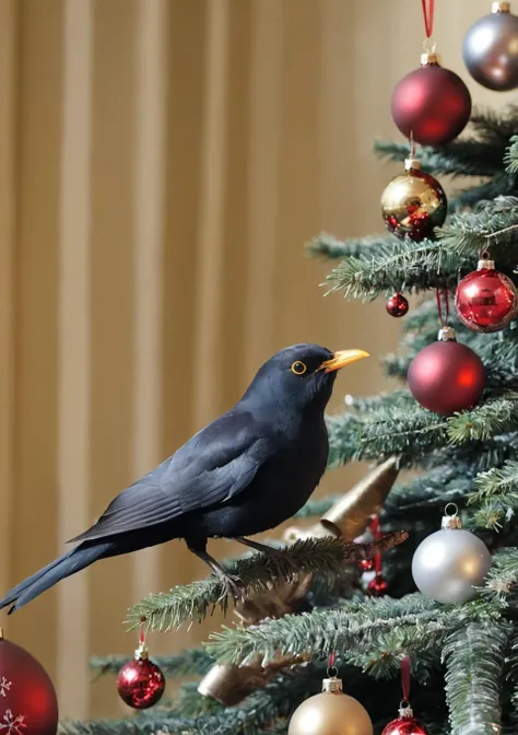 <lora:eurasian blackbird SDXL-000002:1>
eurasian blackbird,turdus merula,best quality, high quality, highres, masterpiece,bird, christmas tree, solo, christmas, christmas ornaments, christmas present, christma,indoors, bi'lu