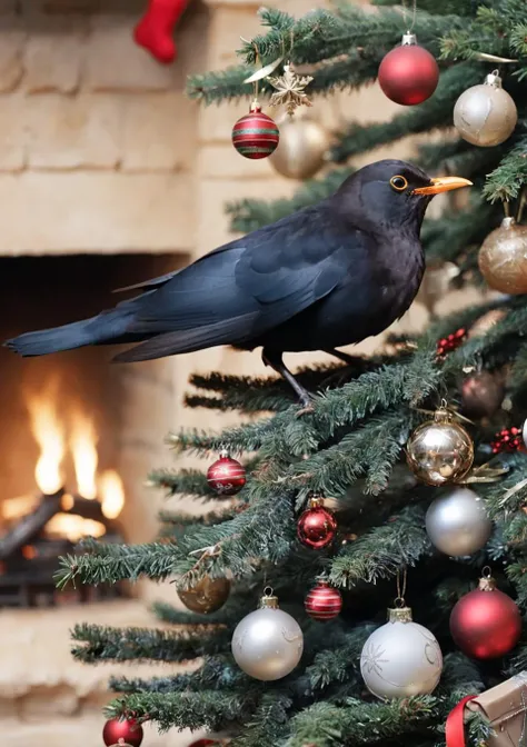 <lora:eurasian blackbird SDXL-000002:1>
eurasian blackbird,turdus merula,best quality, high quality, highres, masterpiece,bird, christmas tree, solo, christmas, christmas ornaments, christmas present, christma,indoors, fireplace, bonfire,