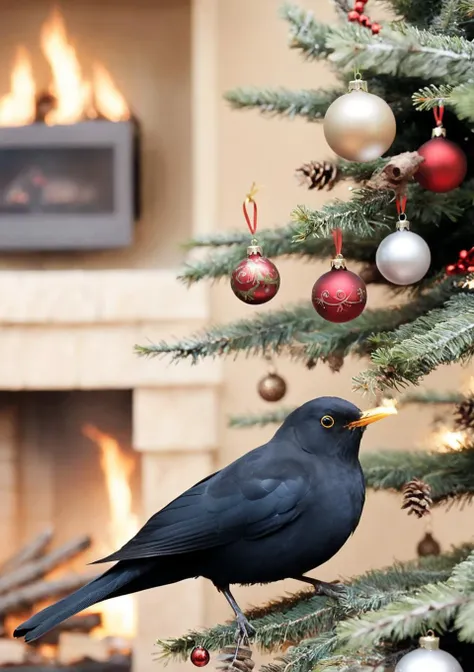 <lora:eurasian blackbird SDXL-000002:1>
eurasian blackbird,turdus merula,best quality, high quality, highres, masterpiece,bird, christmas tree, solo, christmas, christmas ornaments, christmas present, christma,indoors, fireplace, bonfire,