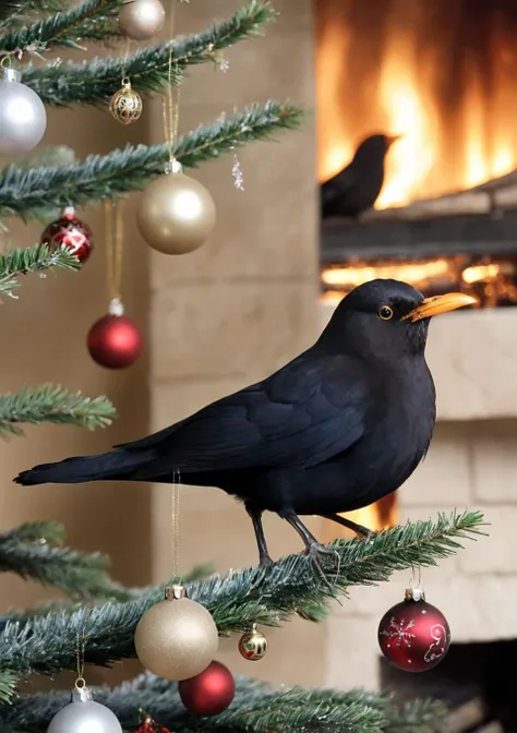 <lora:eurasian blackbird SDXL-000002:1>
eurasian blackbird,turdus merula,best quality, high quality, highres, masterpiece,bird, christmas tree, solo, christmas, christmas ornaments, christmas present, christma,indoors, fireplace, bonfire,
