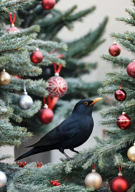 <lora:eurasian blackbird SDXL-000002:1>
eurasian blackbird,turdus merula,best quality, high quality, highres, masterpiece,bird, city,park, christmas tree, solo, christmas, christmas ornaments, christmas present, christma