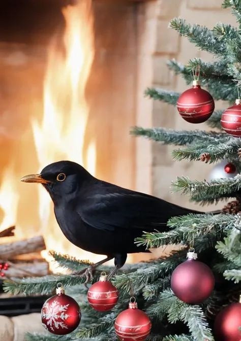 <lora:eurasian blackbird SDXL-000002:1>
eurasian blackbird,turdus merula,best quality, high quality, highres, masterpiece,bird, christmas tree, solo, christmas, christmas ornaments, christmas present, christma,indoors, fireplace, bonfire,