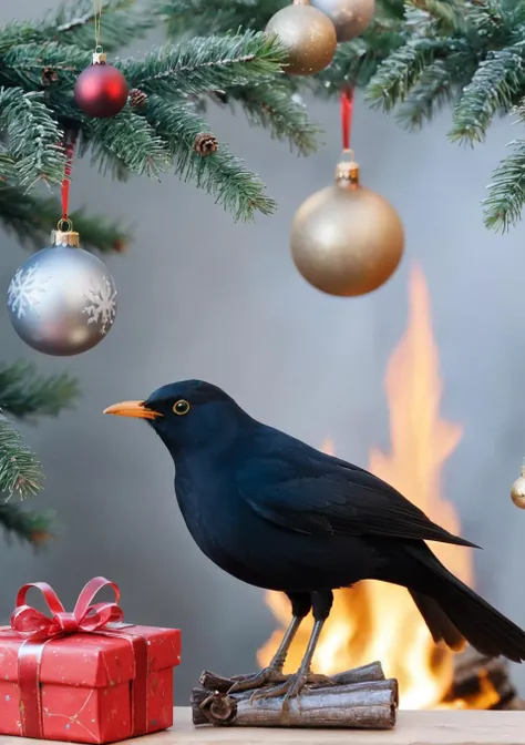 <lora:eurasian blackbird SDXL-000002:1>
eurasian blackbird,turdus merula,best quality, high quality, highres, masterpiece,bird, christmas tree, solo, christmas, christmas ornaments, christmas present, christma,indoors, fireplace, bonfire,