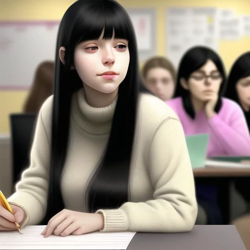 1girl, solo, black hair, hair ornament, pencil, realistic, hairclip, long hair, long sleeves, crossed arms, blurry, indoors, closed mouth, blurry background, sweater, nose, eraser, lips, pen, sleeping, paper, desk, table, mechanical pencil, upper body