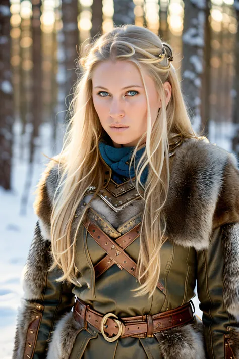 portrait painting of 1girl as nordic viking warrior, 1girl, devonlee, blonde hair, long hair, blue eyes, wearing viking armor,detailed skin, fantasy, snowy nordic forest, modelshoot style, (extremely detailed CG), photo of beautiful artwork, (Antonio Moro), (Jeremy Mann), High Detail, Sharp focus, dramatic, oil painting, realistic <lora:DevonLee:1>
