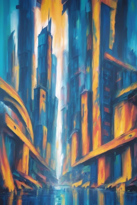 modern digital expressionism, oil painting, ,gargantuan scifi metropolis at the end of the multiverse, duotone aqua and indigo<lora:EnvyExpressionismXL01:0.7>