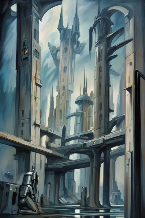 modern digital expressionism, oil painting, (scifi:1.5), wonderous fantasy arcology outside of time, moody color palette<lora:EnvyExpressionismXL01:1>