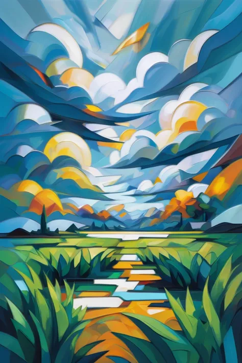 modern digital expressionism, oil painting, ,morning, blue sky, clouds, scenery, in a Cubism Seagrass Bed, moody color palette<lora:EnvyExpressionismXL01:0.7>