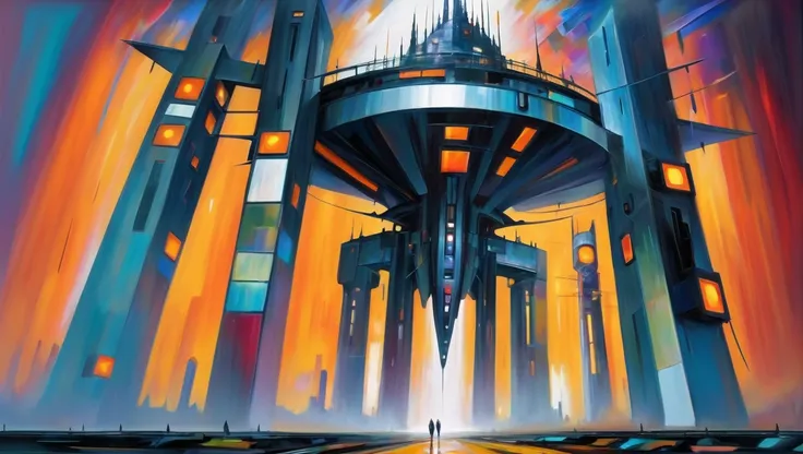 modern digital expressionism, oil painting, palette knife, (scifi:1.5),mysterious,great scifi megastructure at the end of time, <lora:EnvyExpressionismXL01:0.7>