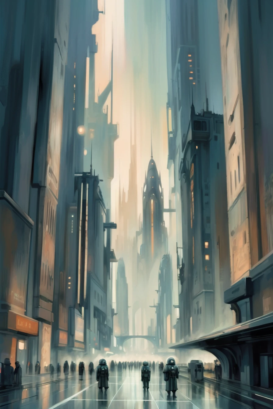 modern digital expressionism, oil painting, (scifi:1.5), Mesmeric fantasy megacity at the beginning of time, moody color palette<lora:EnvyExpressionismXL01:0.7>