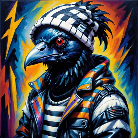Expressionism, animal, furry, upper body of a cyberpunk raven dressed in striped black and white techwear jacket, beanie <lora:EnvyExpressionismSDXL01:1.4>