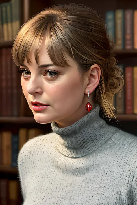 best quality raw photo of (M0rgaR0bin01-2200:0.99), a woman as a librarian, modelshoot style, (extremely detailed CG unity 8k wallpaper), photo of the most beautiful artwork in the world, professional majestic oil painting by Ed Blinkey, Atey Ghailan, Studio Ghibli, by Jeremy Mann, Greg Manchess, Antonio Moro, trending on ArtStation, trending on CGSociety, Intricate, High Detail, Sharp focus, dramatic, photorealistic painting art by midjourney and greg rutkowski, (turtleneck:1.2), ((in a public library)), ((standing in front of book cases)), ((students in the background)), (looking at the camera:1.2), (detailed pupils:1.3), (earrings:1.2), (closeup:1.2), (necklace), (red lips)