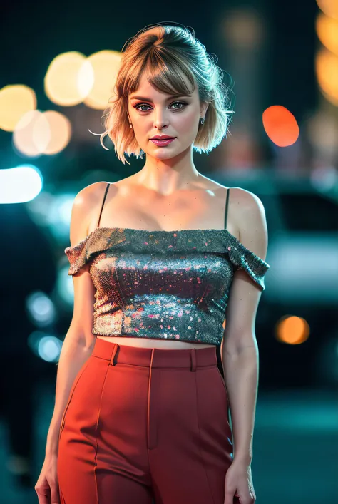 photo of (M0rgaR0bin01-2200:0.99), a woman as a movie star, hair upsweep updo, sweater off-shoulders, trousers, at a movie premiere gala, dark moody ambience (masterpiece:1.2) (photorealistic:1.2) (bokeh) (best quality) (detailed skin:1.2) (intricate details) (nighttime) (8k) (HDR) (cinematic lighting) (sharp focus), vivid, colorful, (at night:1.2)