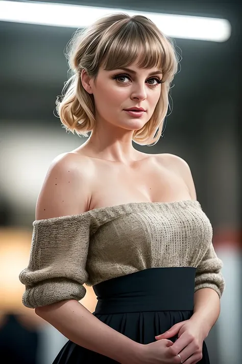 photo of beautiful (M0rgaR0bin01:0.99), a woman as a star, hair upsweep updo, sweater off-shoulders, trousers, at a movieiere gala, dark moody ambience (masterpiece:1.2) (photorealistic:1.2) (bokeh) (best quality) (detailed skin:1.2) (intricate details) (daytime) (8k) (HDR) (cinematic lighting) (sharp focus), (looking at the camera:1.1), (closeup portrait:1.1), (natural light)