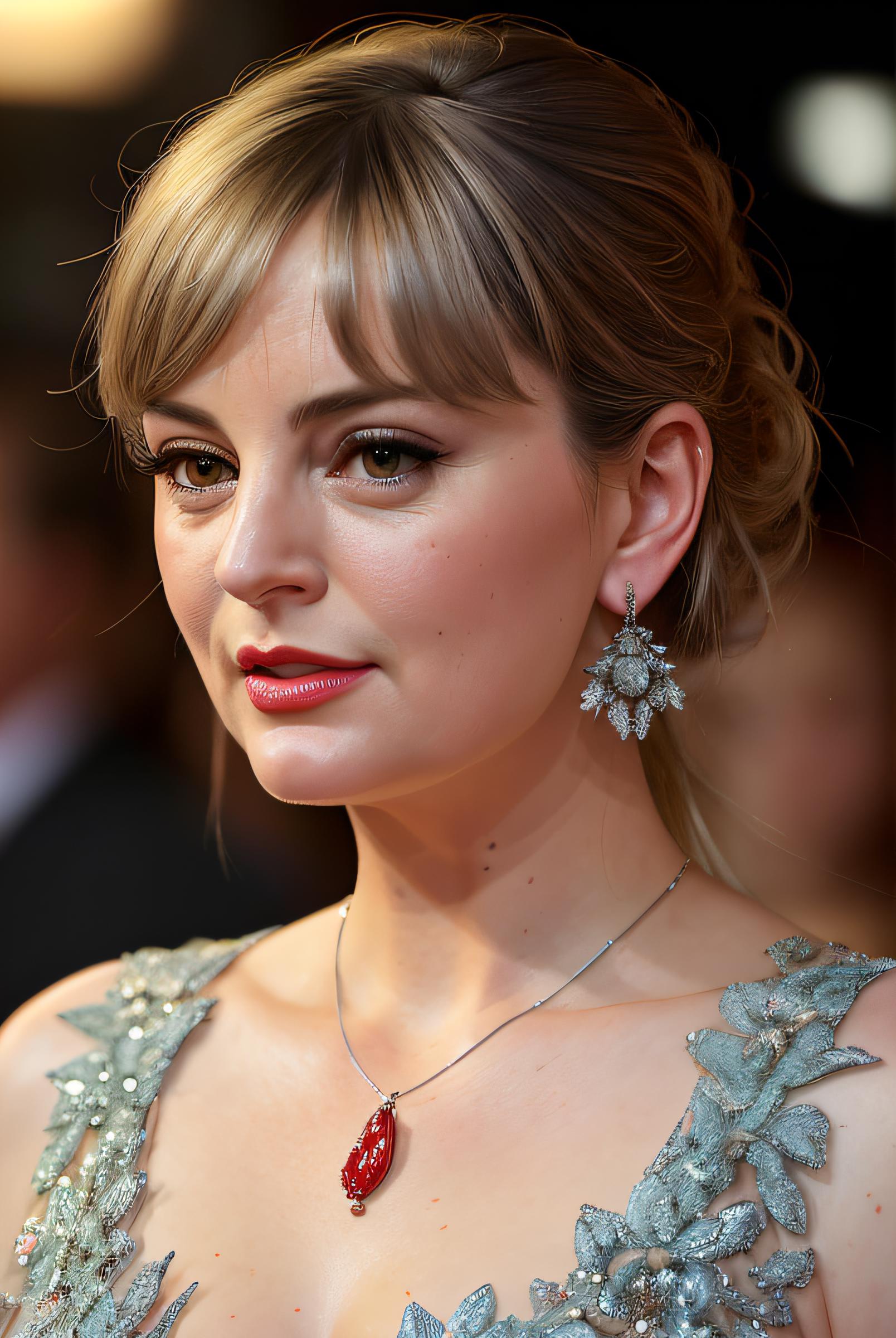 A close up of a woman wearing a dress and earrings - SeaArt AI