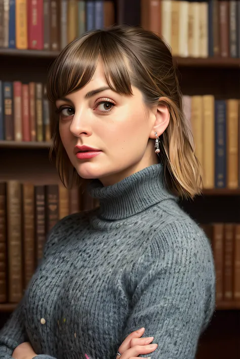best quality raw photo of (M0rgaR0bin01-2200:0.99), a woman as a librarian, modelshoot style, (extremely detailed CG unity 8k wallpaper), photo of the most beautiful artwork in the world, professional majestic oil painting by Ed Blinkey, Atey Ghailan, Studio Ghibli, by Jeremy Mann, Greg Manchess, Antonio Moro, trending on ArtStation, trending on CGSociety, Intricate, High Detail, Sharp focus, dramatic, photorealistic painting art by midjourney and greg rutkowski, (turtleneck:1.2), ((in a public library)), ((standing in front of book cases)), ((students in the background)), (looking at the camera:1.2), (detailed pupils:1.3), (earrings:1.2), (closeup:1.2), (necklace), (red lips)