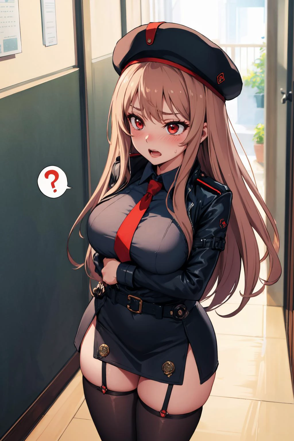 masterpiece, best quality, <lora:rapi-nikke-richy-v1:0.9> rapi \(nikke\), rapidef, red eyes, hat, skirt, side slit, thighhighs, red face, flustered, blushing, panicking, open mouth, from above, wide eyes, hallway, arms at sides, fists, spoken question mark