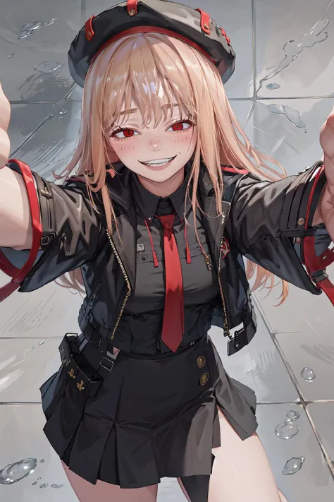 High Quality, Masterpiece, IncrsHeadGrabPOV, <lora:HeadGrabPOV:1>, rapi \\(nikke\\), rapidef, red eyes, hat, skirt, side slit, <lora:Char_NIKKE_Rapi:0.9>, IncrsAnyasHehFaceMeme, grin, smug, <lora:Pos_AnyasHehFaceMeme:1>