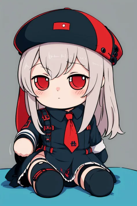 (masterpiece, best quality:1.2), highly detailed, 1girl, <lora:fumo:0.8> (fumo, chibi, doll, plush:1.2), sitting, <lora:rapi-nikke-richy-v1:0.8> rapi \(nikke\), rapidef, red eyes, hat, skirt, side slit, thigh highs,
