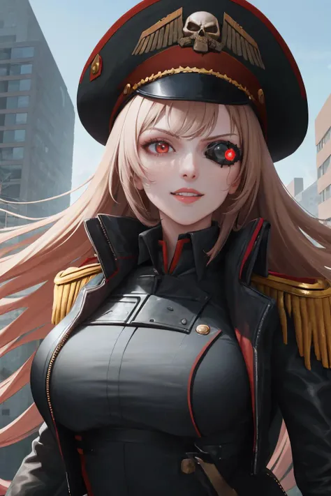 masterpiece, best quality, 1girl, solo, <lora:edgWar40kCommissarv1:1> edgCommissar, millitary uniform, artificial eye, epaulettes, skull emblem, hat, wearing edgCommissar, <lora:rapi-nikke-richy-v1:1> rapi \(nikke\), upper body, parted lips, crazy smile