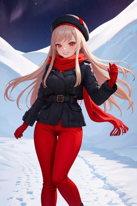 masterpiece, best quality, 1girl, solo, standing, <lora:rapi-nikke-richy-v1:1> rapi \(nikke\), winter, snow, ice, christmas, (red pants:1.3), scarf, smile, dark, darkness, night, night sky, aurora borealis, reindeer antlers, beret