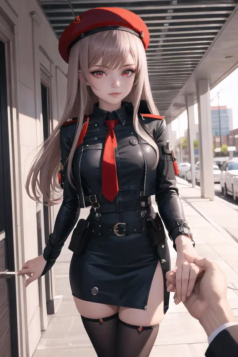 Highly detailed, High Quality, Masterpiece, beautiful, rapi \\(nikke\\), rapidef, red eyes, hat, skirt, side slit, thigh highs, <lora:Char_NIKKE_Rapi:0.9>, IncrsHoldingHandsPov, holding hands, pov hands, <lora:Pos_HoldingHandsPov:1>