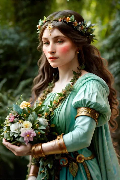 <lora:pulpartnouveau:0.5>, Dwarf woman wearing Enchanted forest nymph-inspired leaf-shaped headpieces with floral details, Floating sculpture garden with magical statues and moving sculptures., by alphonse mucha || <lora:pulpartnouveau:0.5>, masterpiece, perfect quality, sharp focus, shallow depth of field, 8k