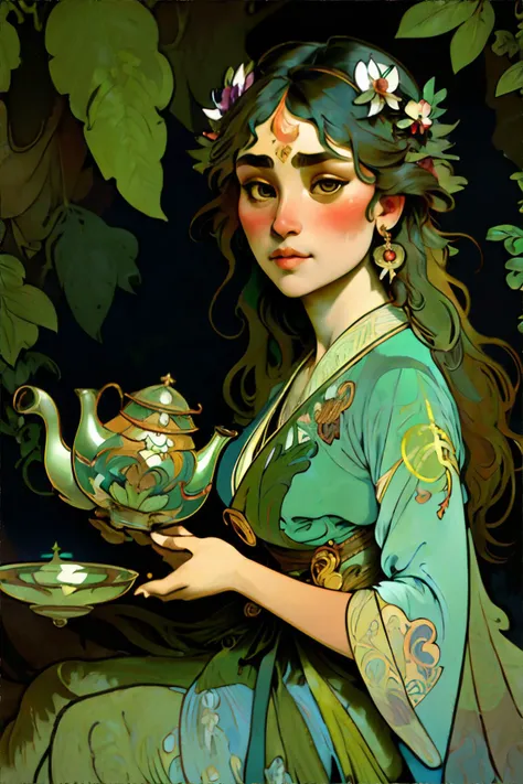 <lora:pulpartnouveau:0.5>, Kappa woman wearing Forest fairy dresses with leaf accents, Celestial tea ceremony with celestial tea leaves and mystical teapots., by alphonse mucha || <lora:pulpartnouveau:0.5>, masterpiece, perfect quality, sharp focus, shallow depth of field, 8k