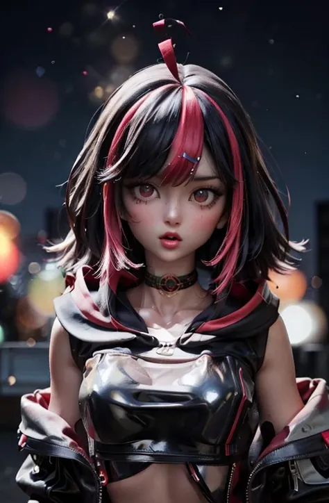 (official art, unity 8k wallpaper, ultra detailed, High quality, best quality), (bokeh, blurry background:1.2),
1girl, solo, huge breasts, looking at viewer, :o, cowboy shot, facing viewer, (from side:0.5),
<lora:aura:1.0> gxaura, hood, choker, fingerless gloves, hoodie, jacket, covered navel,
city, cyberpunk, science fiction, night, night sky,