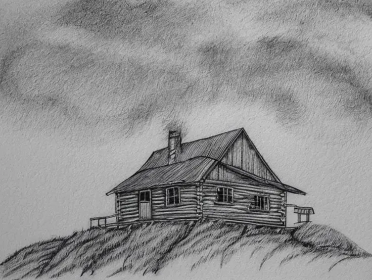 A monochrome chalk sketch of a solitary wooden cabin situated on a hill,with a person in the foreground walking towards it. The cabin has a dark,weathered exterior,a chimney,and a window. The person is dressed in a jacket and hat,and appears to be in motion. The sky is overcast,and the overall mood of the image is serene and contemplative.,