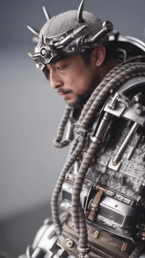 man <lora:QQATROKQQ:1> in samurai armor with fur around the neck and waist, wearing devil helmet, dusty detail ornaments, battle weary, cyborg man | with a visible detailed brain | muscles cable wires | biopunk | cybernetic | cyberpunk | white marble bust | canon m50 | 100mm | sharp focus | smooth | hyperrealism | highly detailed | intricate details | carved by michelangelo