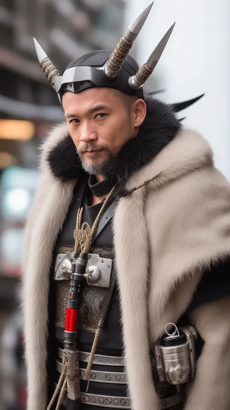 man in samurai armor with fur around the neck and waist, wearing devil helmet, dusty detail ornaments, battle weary, cyborg man | with a visible detailed brain | muscles cable wires | biopunk | cybernetic | cyberpunk | white marble bust | canon m50 | 100mm | sharp focus | smooth | hyperrealism | highly detailed | intricate details | carved by michelangelo