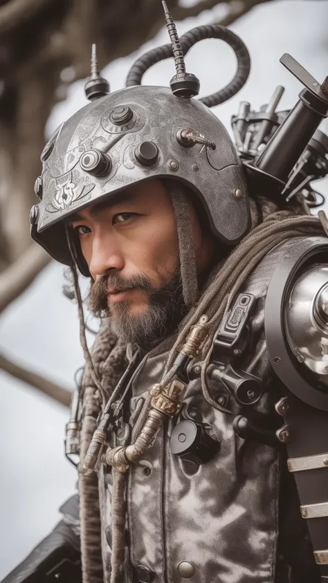 man in samurai armor with fur around the neck and waist, wearing devil helmet, dusty detail ornaments, battle weary, cyborg man | with a visible detailed brain | muscles cable wires | biopunk | cybernetic | cyberpunk | white marble bust | canon m50 | 100mm | sharp focus | smooth | hyperrealism | highly detailed | intricate details | carved by michelangelo
