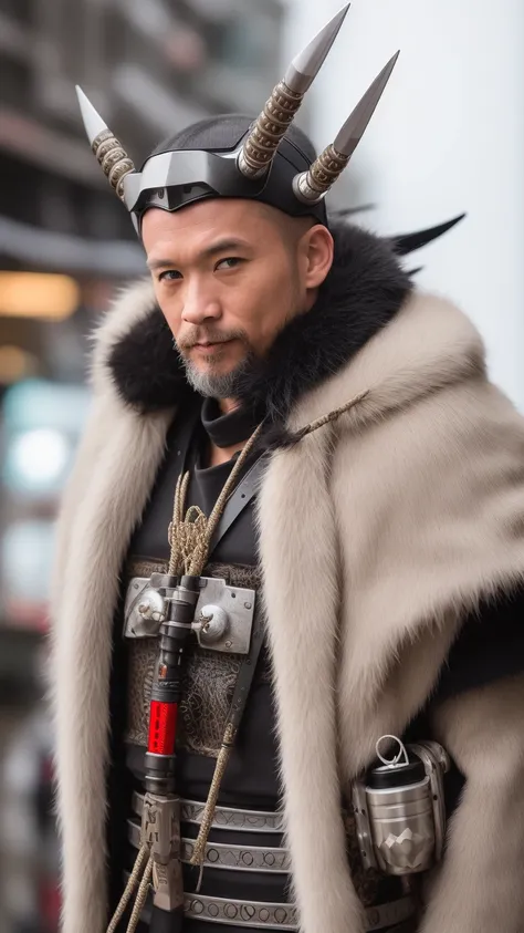 man in samurai armor with fur around the neck and waist, wearing devil helmet, dusty detail ornaments, battle weary, cyborg man | with a visible detailed brain | muscles cable wires | biopunk | cybernetic | cyberpunk | white marble bust | canon m50 | 100mm | sharp focus | smooth | hyperrealism | highly detailed | intricate details | carved by michelangelo