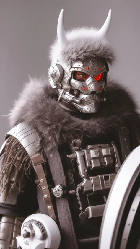 man in samurai armor with fur around the neck and waist, wearing devil helmet, dusty detail ornaments, battle weary,, cyborg man | with a visible detailed brain | muscles cable wires | biopunk | cybernetic | cyberpunk | white marble bust | canon m50 | 100mm | sharp focus | smooth | hyperrealism | highly detailed | intricate details | carved by michelangelo