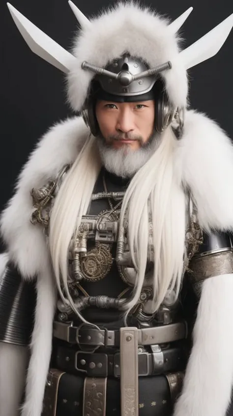 man in samurai armor with fur around the neck and waist, wearing devil helmet, dusty detail ornaments, battle weary, cyborg man | with a visible detailed brain | muscles cable wires | biopunk | cybernetic | cyberpunk | white marble bust | canon m50 | 100mm | sharp focus | smooth | hyperrealism | highly detailed | intricate details | carved by michelangelo