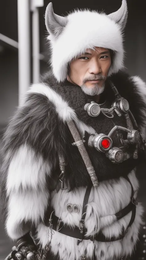 man in samurai armor with fur around the neck and waist, wearing devil helmet, dusty detail ornaments, battle weary, cyborg man | with a visible detailed brain | muscles cable wires | biopunk | cybernetic | cyberpunk | white marble bust | canon m50 | 100mm | sharp focus | smooth | hyperrealism | highly detailed | intricate details | carved by michelangelo