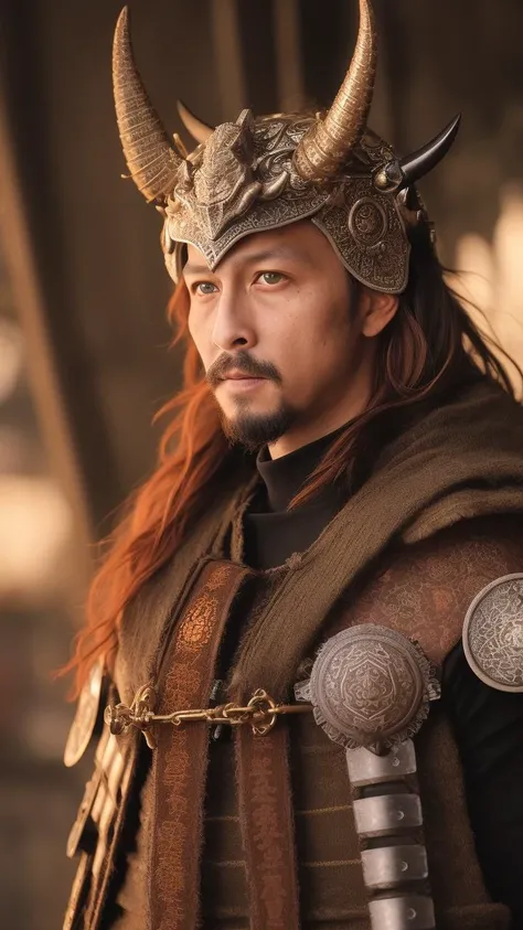 man in samurai armor with fur around the neck and waist, wearing devil helmet, dusty detail ornaments, battle weary, man warrior, armor, epic, face scar, dnd character portrait, intricate, 8k resolution, dynamic lighting, hyperdetailed, unreal 5, volumetric lighting, alphonse mucha, pre-raphaelite, detailed background, mandala, detailed face, detailed eyes, neon eyes <lora:QQATROKQQ:1>