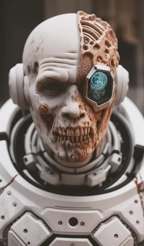 zombie portrait walking dead astronaut, walking on a desolated planet, human face, cyborg man | with a visible detailed brain | muscles cable wires | biopunk | cybernetic | cyberpunk | white marble bust | canon m50 | 100mm | sharp focus | smooth | hyperrealism | highly detailed | intricate details | carved by michelangelo