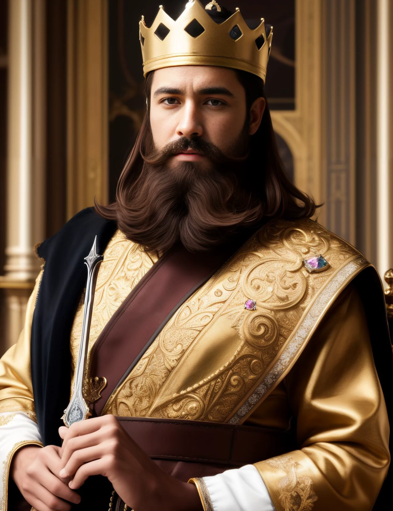 masterpiece, sharp focus, 8k, highly detailed, best quality, ultra detailed, ultra high res, (photorealistic:1.2), (ulzzang-6500:0.5), (pureerosface_v1:0.5), Man, Majesty, a messy beard, King, Crown, Gorgeous clothes, western aristocracy, brown hair, a sword, Plug in the ground, Put your hand on the hilt, Gold Gem Ring, Stand in front of the throne, Look into the distance, Photo, Details, Ultra-clear details, Perfect detail, cowboy shot,