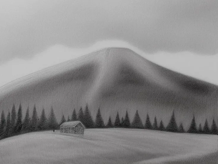 A monochrome chalk sketch of a solitary wooden cabin situated on a hill,with a person in the foreground walking towards it. The cabin has a dark,weathered exterior,a chimney,and a window. The person is dressed in a jacket and hat,and appears to be in motion. The sky is overcast,and the overall mood of the image is serene and contemplative.,