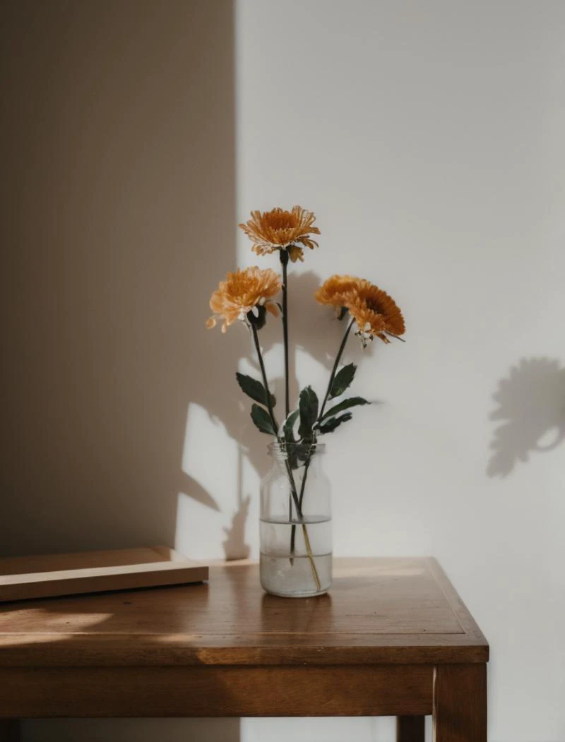 (masterpiece,best quality,highres,ultra_detailed:1.2),simple background,still life,flowers,sunlighte,light and shadows,shadow,blurry background,medium_shot,mid_shot,