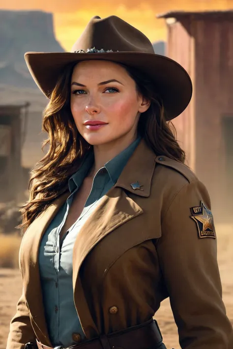Subject: Photo, playful female sheriff, 1girl, light smile,
Character: ((Rebecca Ferguson))
Quality: masterpiece, best quality, highly detailed, sharp focus, dynamic lighting, vivid colors, texture detail, particle effects, Storytelling elements, narrative flair, 16k, UE5, HDR, subject-background post-apocalypse, dessert, fallout \(series\),
Body: very long hair, amazing body, pronounced feminine feature, busty, black hair, freckles, (large breasts), (thick lips:1.3), BIG breasts, large breasts,
Clothing: sheriff hat, sheriff clothes, trench coat sheriff, open trench coat, brown trench coat,
background: cowboy post-apocalypse,
Style:
Artist:
Additional details: <lora:rebecca_ferguson_20:0.8> rebecca_ferguson
