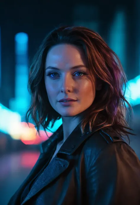 photo of beautiful rebecca_ferguson as a cyberpunk detective, neon lighting, city background, (freckles:0.5), (blue eyes:0.7), cinematic lighting, bokeh, <lora:rebecca_ferguson_20:0.9>