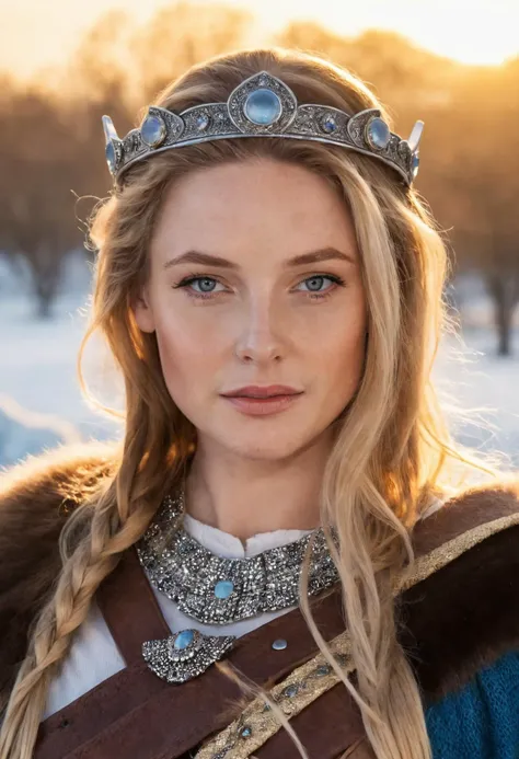 photo of beautiful rebecca_ferguson dressed as a viking queen, jewelry, crown, golden hour, snowy background, (freckles:0.5), (blue eyes:0.7), blonde hair, cinematic lighting, bokeh, <lora:rebecca_ferguson_20:0.9>