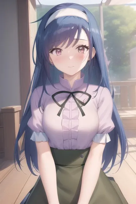 masterpiece, best quality,extremely detailed CG unity 8k wallpaper,
1girl,(furuhashi fumino),white hairband,blue long hair, (pink shirt),(green skirt),blush,facing viewer,
<lora:furuhashifuminov1:0.85>