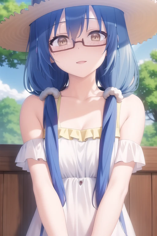 masterpiece, best quality,extremely detailed CG unity 8k wallpaper,
1girl, sun hat,glasses,white dress,low twintails,twintails scrunchie,(furuhashi fumino:1.05),facing viewer,
 <lora:furuhashifuminov1:0.85>