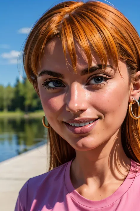 Sarah, orange hair, lips,hoop earrings, pink shirt, looking at viewer, smiling, close up, outside, park, lake, blue sky, high quality, masterpiece,  <lora:sarahED:.8>