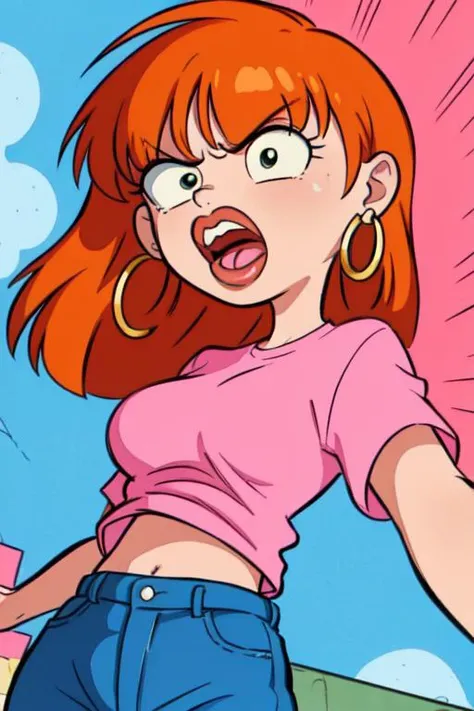 Sarah, orange hair, lips, solo , upper body, red in the face, open mouth, angry,
SarAtt, hoop earrings,midriff , pink shirt, denim jeans, shoes,
outside, neighborhood, cartoon, morning,
(insanely detailed, beautiful detailed face, masterpiece, best quality) <lora:Sarah-ED-10:0.7> <lora:Crazy_ExpressionsV2:0.7>